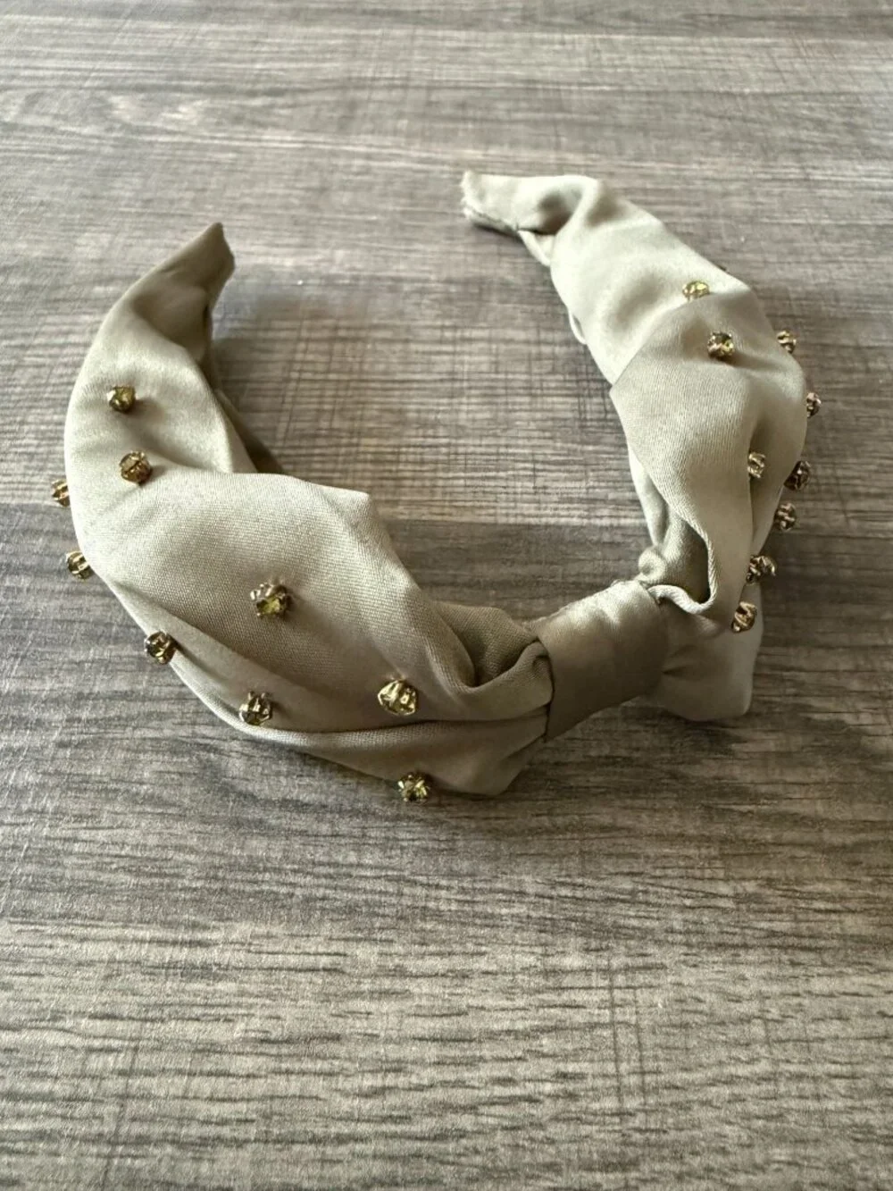 NWOT J. Crew Olive Green Taupe Beaded Rhinestones Knot Headband Satin Finish